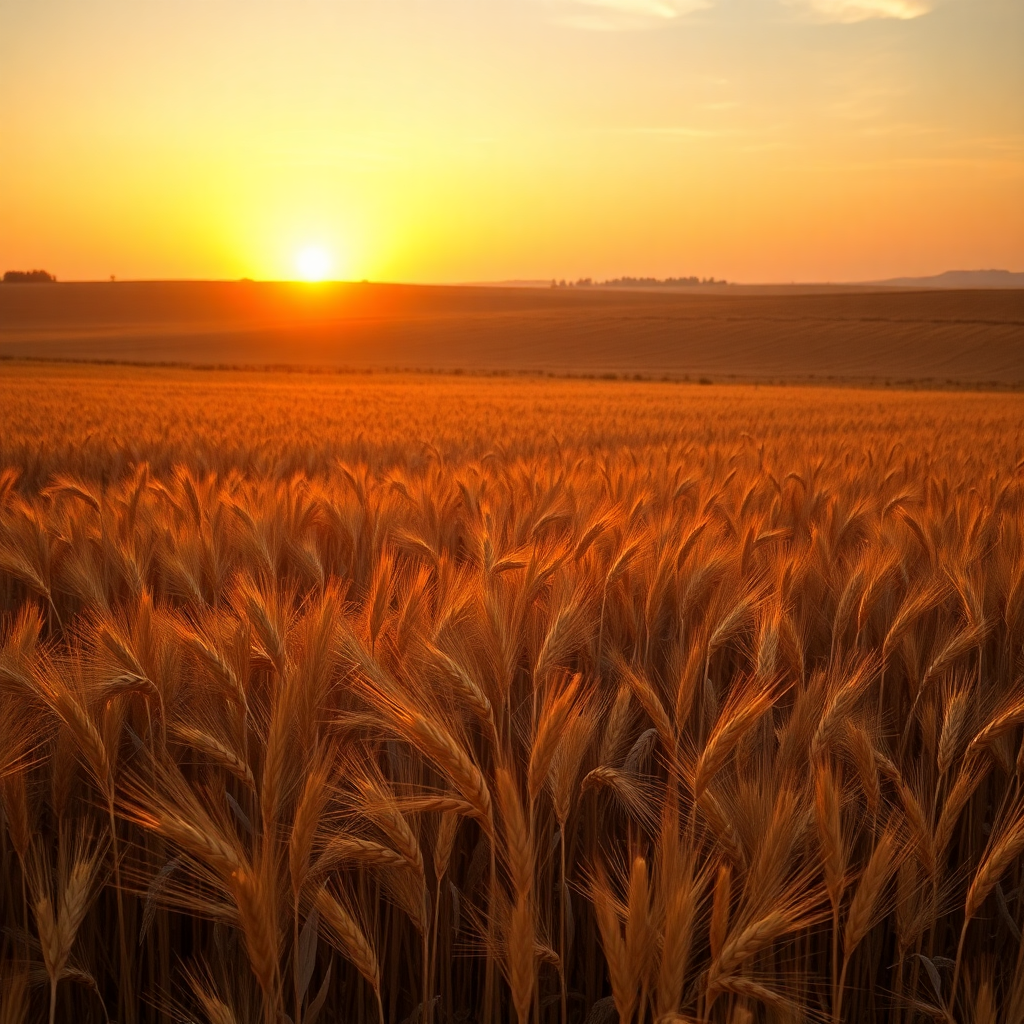 serene agricultural landscape with golden wheat fields at sunset, warm earthy tones, peaceful farming scene, wide open fields